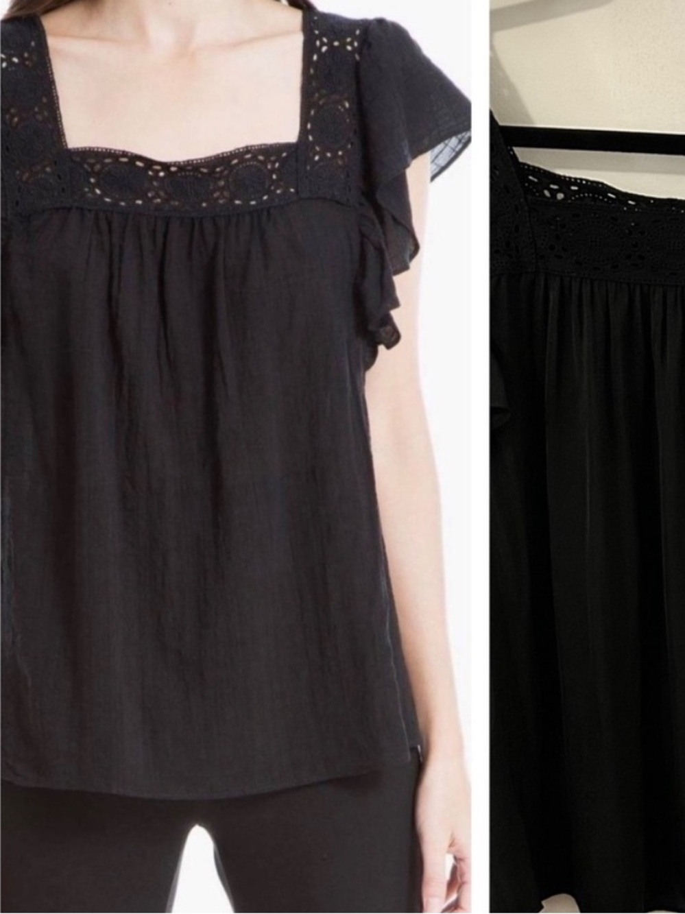 Rachel Zoe Black Crochet-Trim Square Neck Blouse